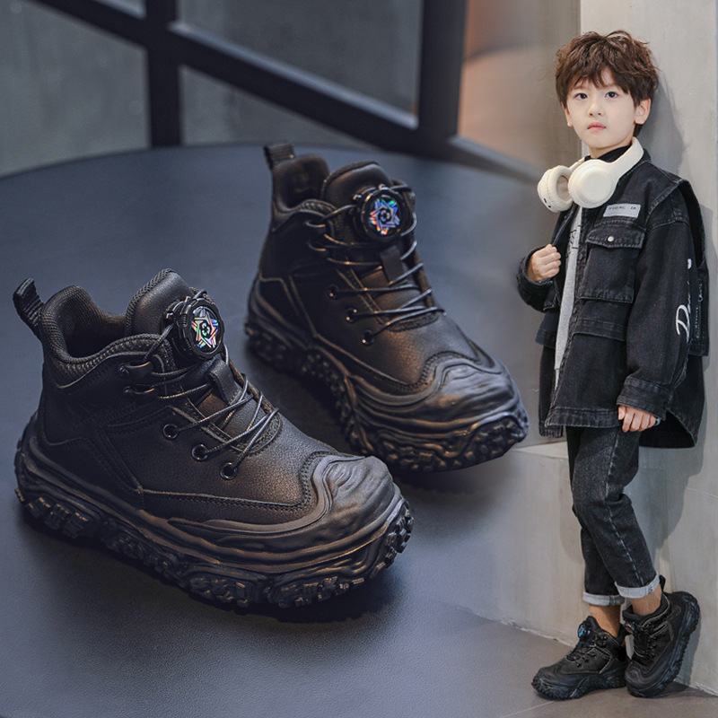 Martin Boots Boys 2024 New Autumn and Winter Boys' Boots Children's Leather Shoes Medium and Large Children's Short Boots fleece-lined Cotton Shoes