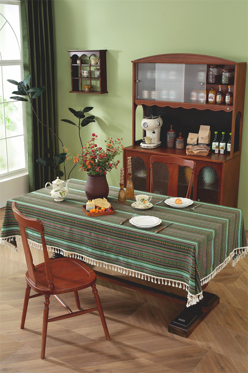 Nappe En Jacquard Style Ethnique Américain Avec Franges Et Dentelle_voghion.com