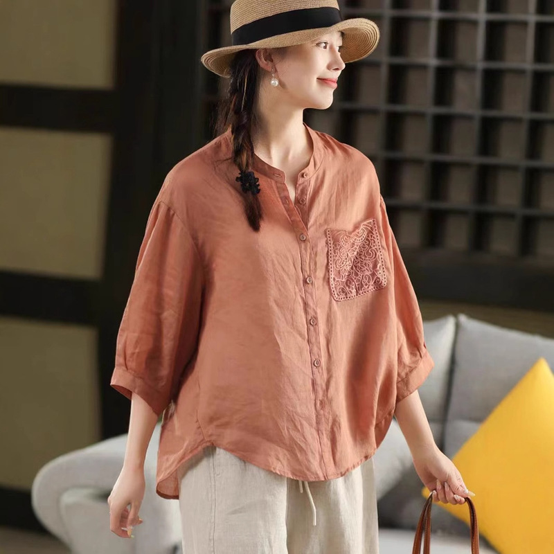 2025 Retro Stereo Lace Crochet Shirt Ramie Shirt Elegant Thin Summer Pure Color Top