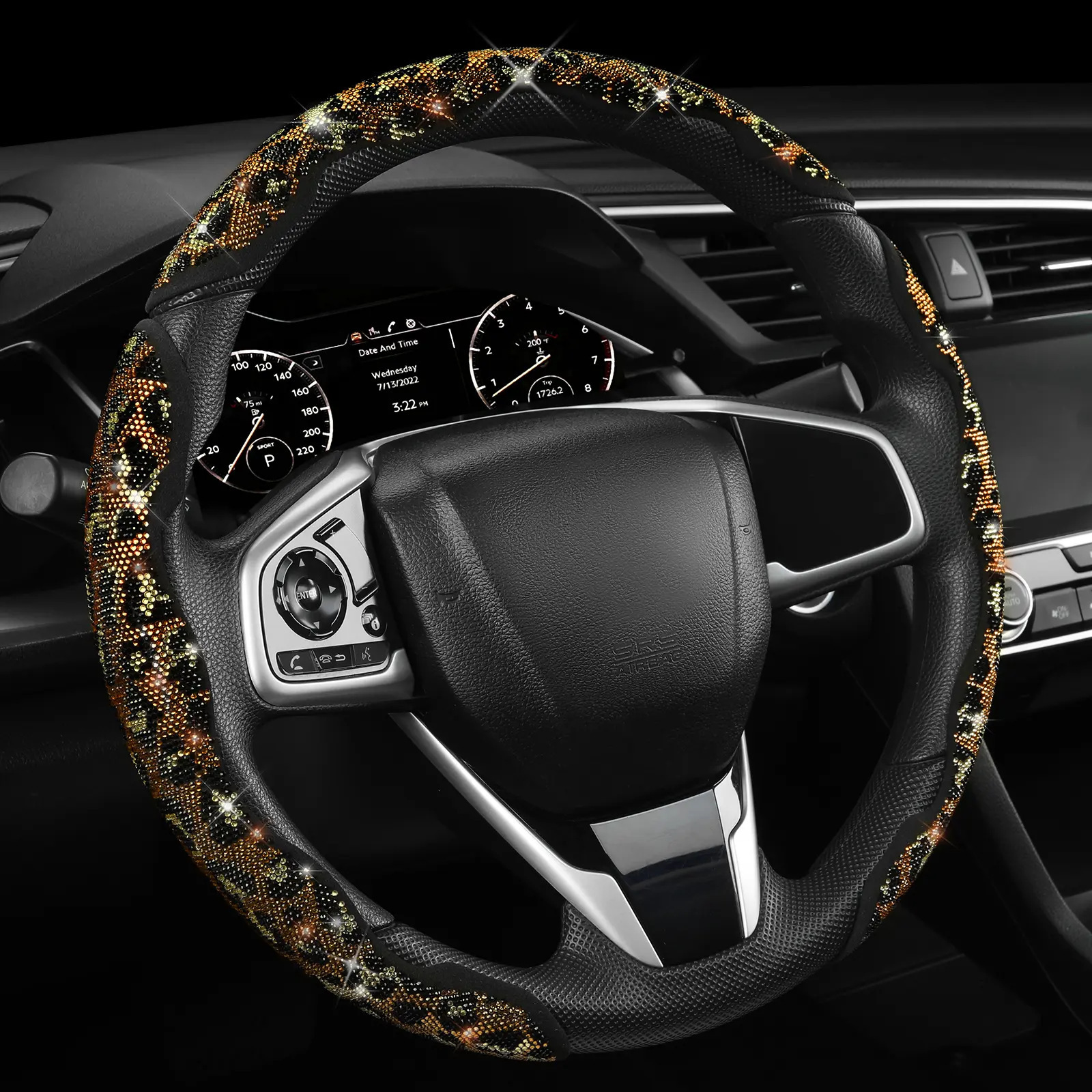 Leopard print diamond-studded crystal car steering wheel cover, trendy and shiny interior modification set for girls, universal car steering wheel cover