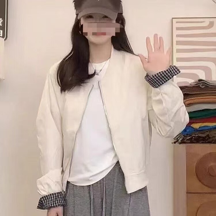 韩系格纹拼接袖口立领棒球服外套女2025秋季时尚休闲百搭夹克上衣|undefined