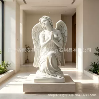 定制兴燕惠安石雕汉白玉祈祷天使 欧式大理石跪天使雕像