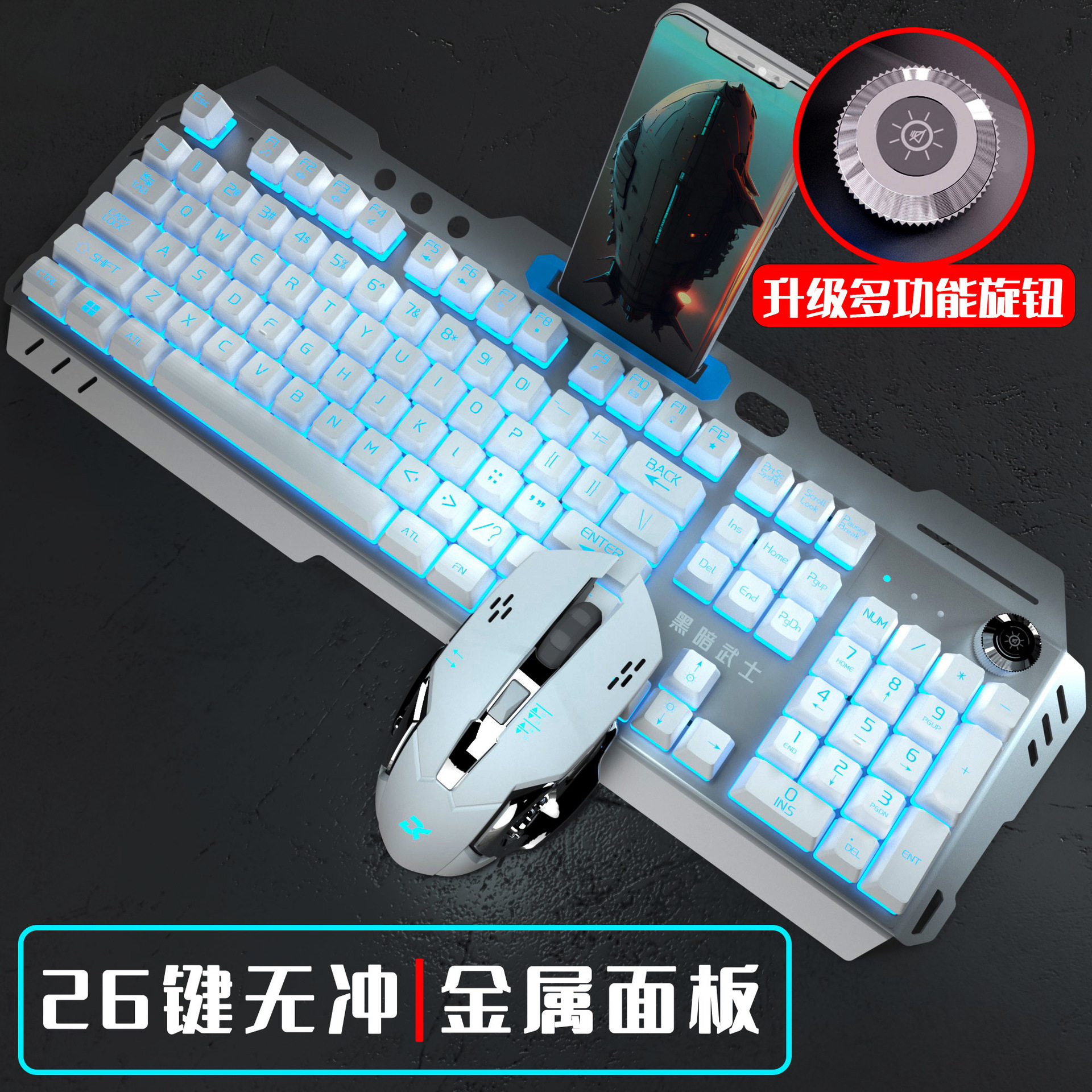 Metal panel characters white and blue (breathing + adjustment + rotating button) + 6-button mouse - official