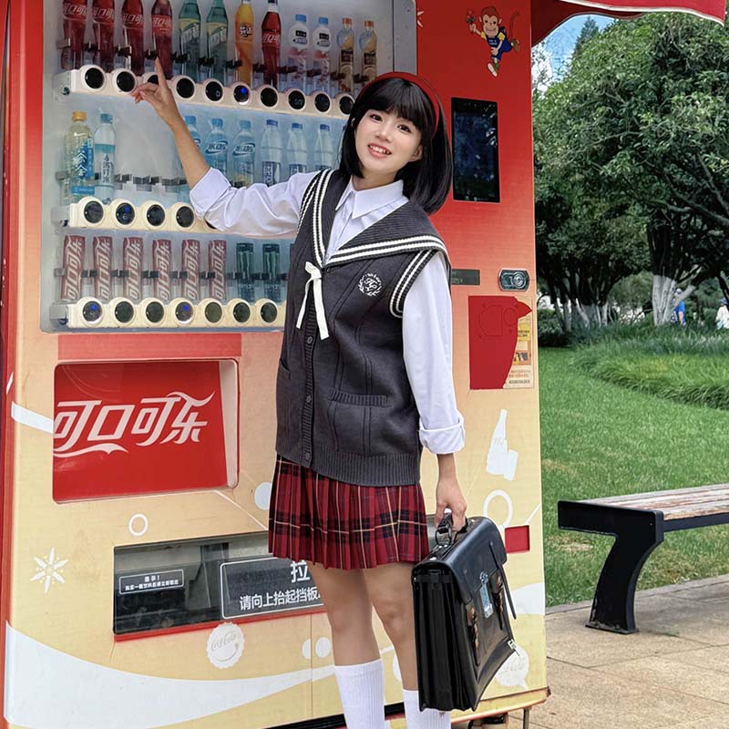 (2개) JK 오리지널 대학 스타일 크루 넥 니트 회색 조끼 가을 겨울 레이어링으로 따뜻한 일본식 부드러운 소녀를 유지합니다.