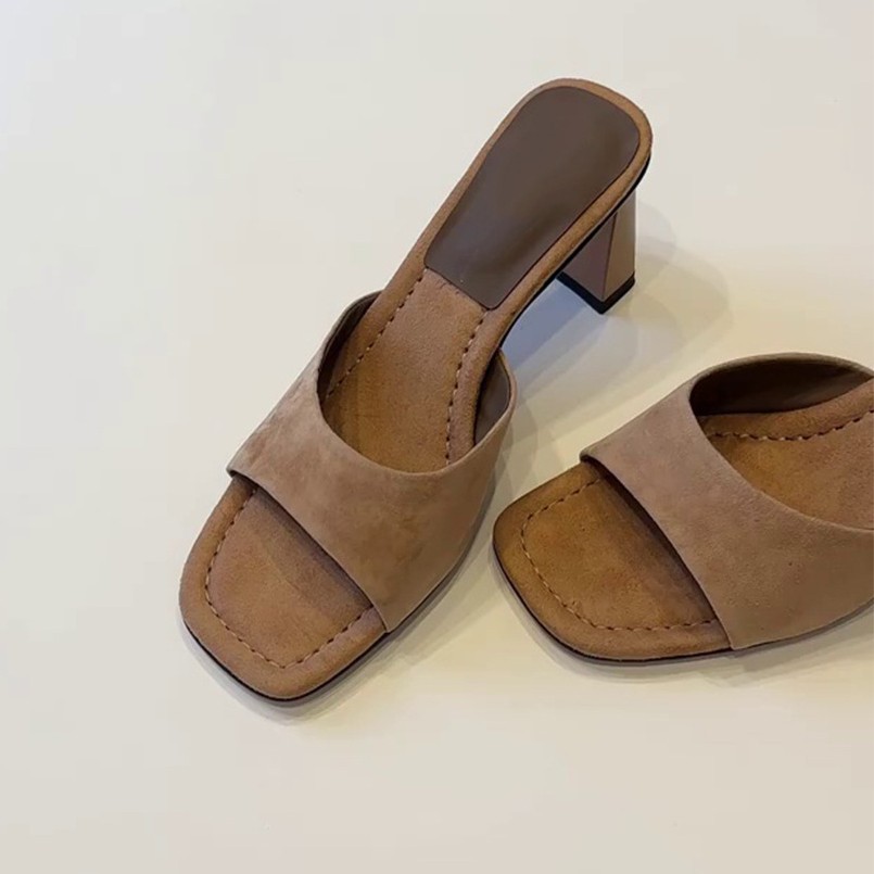 Sheepskin Version~French Style High Open Square Toe Summer Outdoor Simple Convenient Slip-On Chunky Heel Versatile_vogvips.com