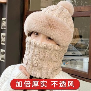 Cap and Scarf Integrated Women's Winter New fleece-lined Thickened Cycling Wind-proof Cold-proof Snow-proof Cap Neck-protecting Warm Pullover Cap