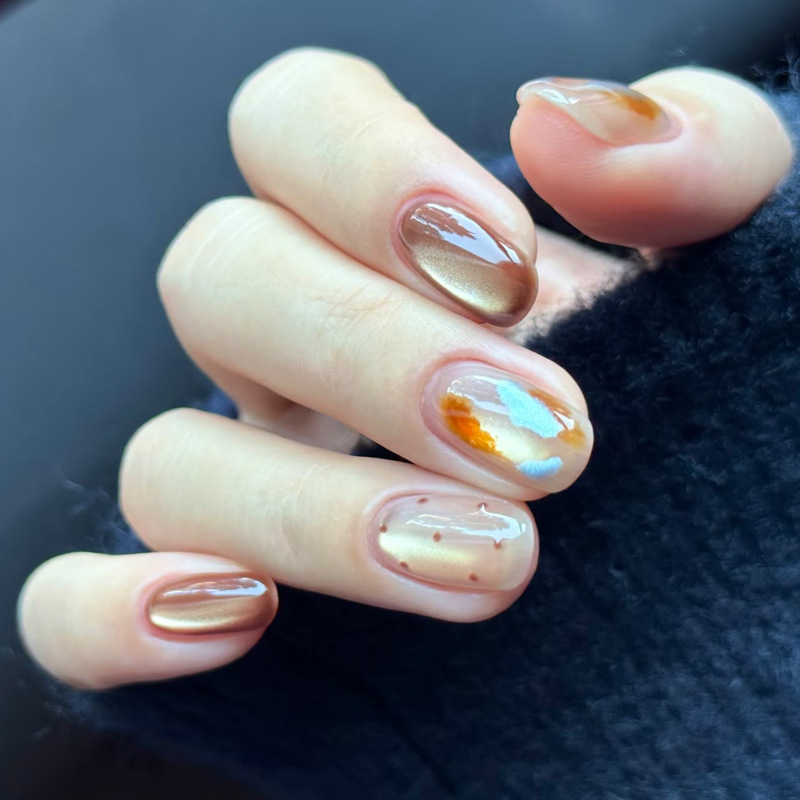Wearable Short Nails for Women, Amber Smudged Coffee-Colored Polka Dots, Festive Atmosphere Manicure, Wearable and Detachable Wearable Short Nails for Women, Amber Smudged Coffee-Colored Polka Dots, Festive Atmosphere Manicure, Wearable and Detachable