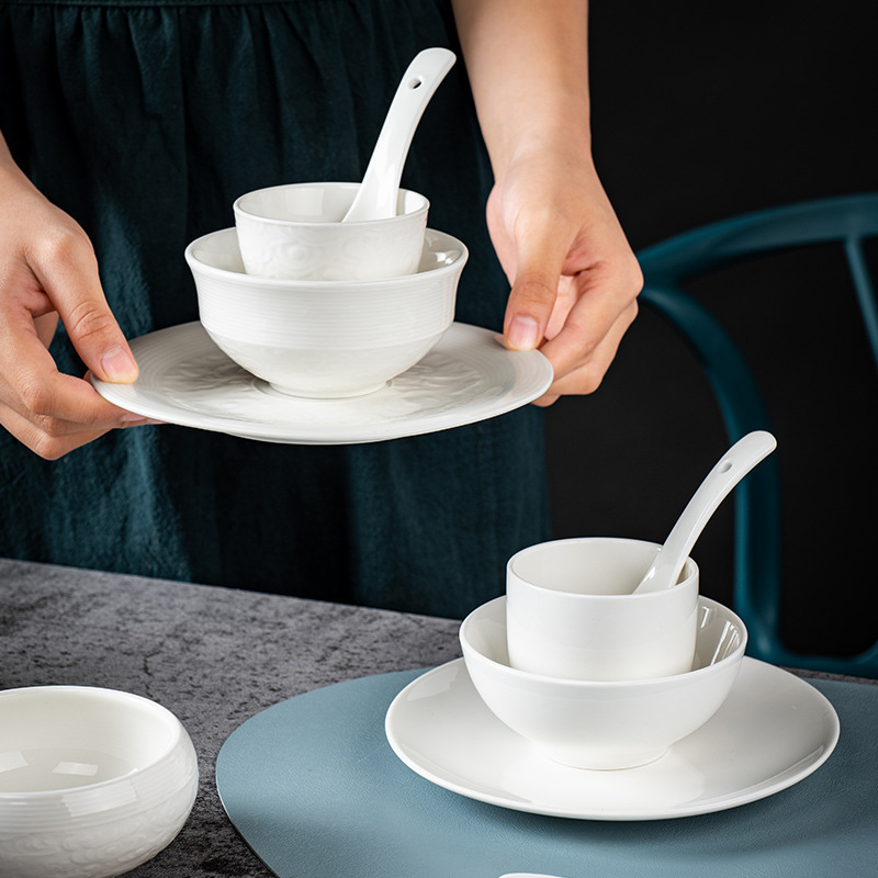 Pure White Ceramic Tableware Hotel Restaurant Countertop Four-Piece Buffet Plate Bowl Bone Dish Hotel Small Tableware