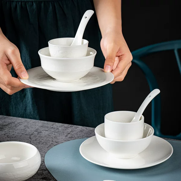 Pure White Ceramic Tableware Hotel Restaurant Countertop Four-Piece Buffet Plate Bowl Bone Dish Hotel Small Tableware