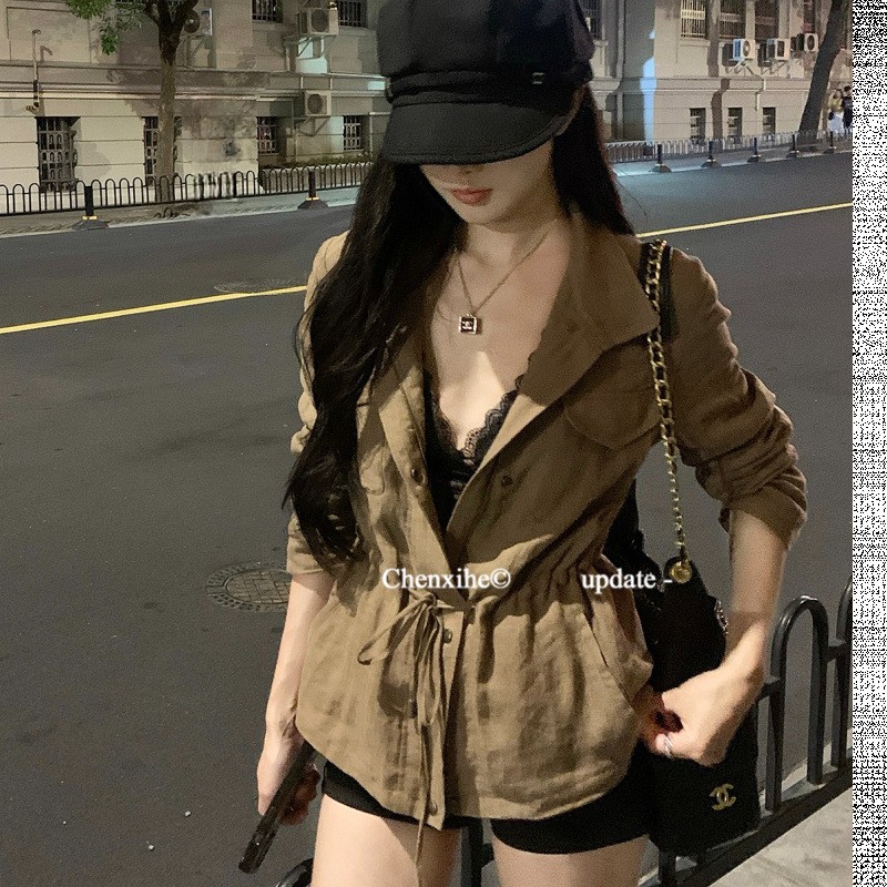 老钱风小立领咖色抽绳系带外套2025新款秋季款气质显瘦复古上衣女|undefined