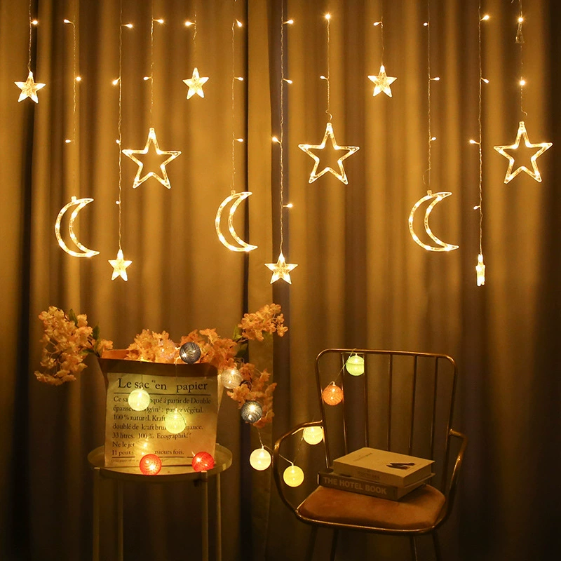 LED star and moon curtain lights, decorative string, warm white/color, USB/battery/110–220V options