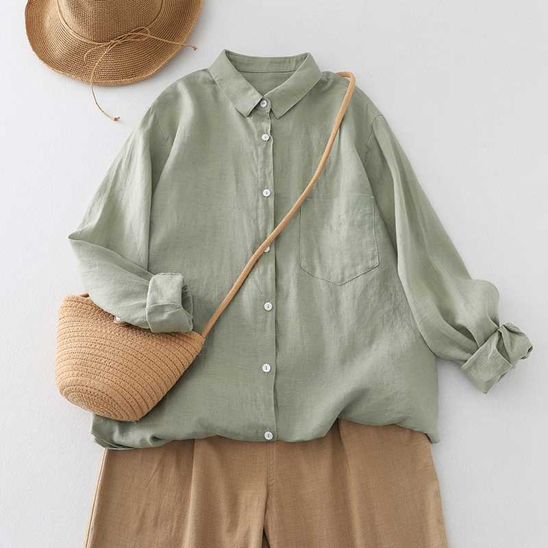 好面料复古文艺棉麻衬衣森系春季长袖打底衬衫女上衣2024