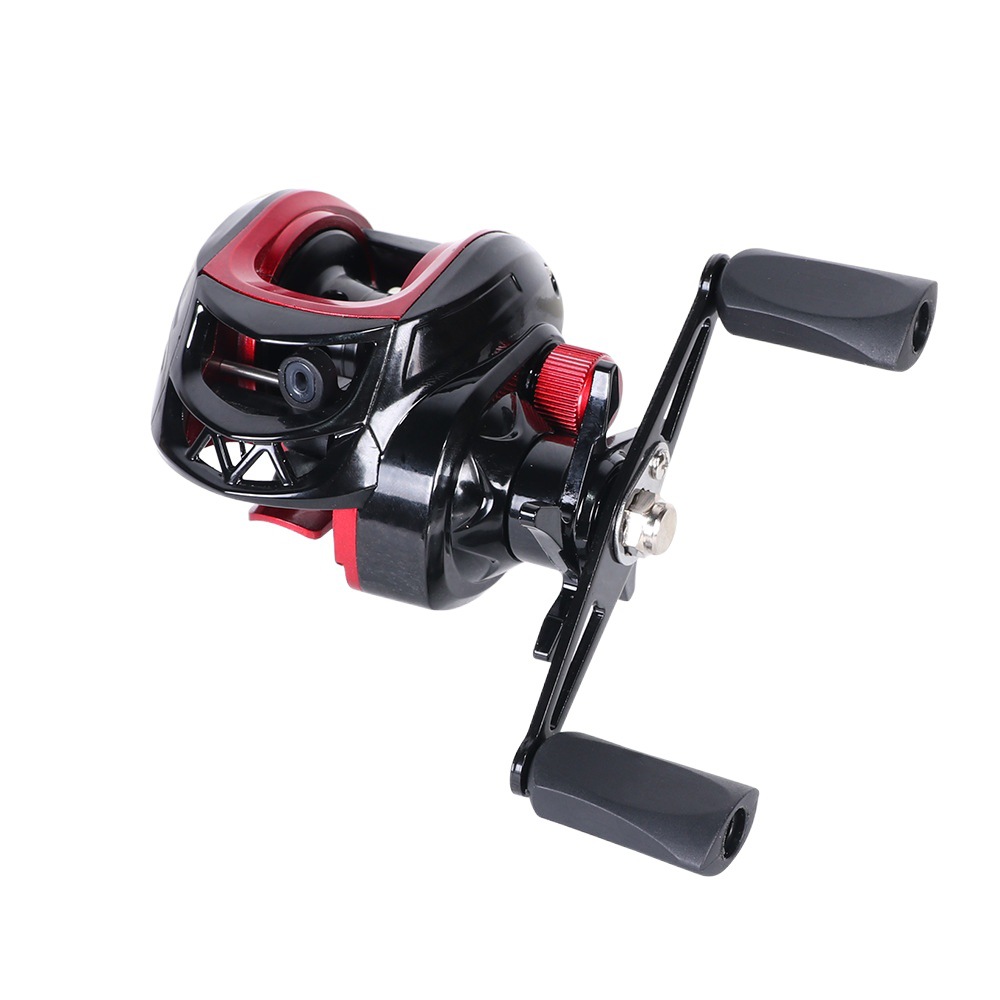 Rueda de señuelo cuidadosamente seleccionada, línea antiexplosión, caña de pescar de metal negra y roja, rueda fundida de largo alcance, boca de caballo, carrete de pesca con boca cortada, equipo de pesca