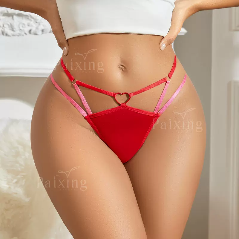 个性撞色情趣一根绳女士T型内裤 爱心环拼接低腰大码健身丁字裤