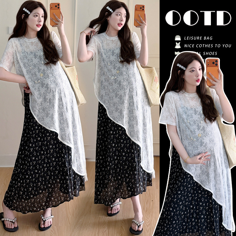 Irregular Lace Blouse T-Shirt Dress Set 2026 Summer New Floral Dress Maternity Two-Piece Set Irregular Lace Blouse T-Shirt Dress Set 2026 Summer New Floral Dress Maternity Two-Piece Set
