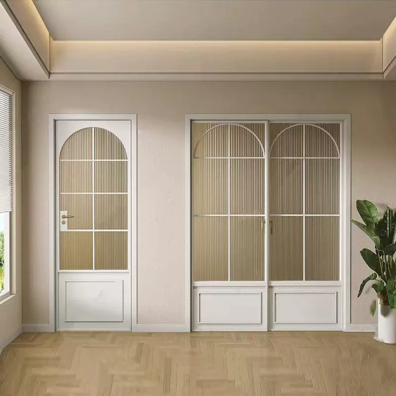 Cream style French retro swing door extremely narrow aluminum alloy bathroom door tempered glass door bathroom toilet door