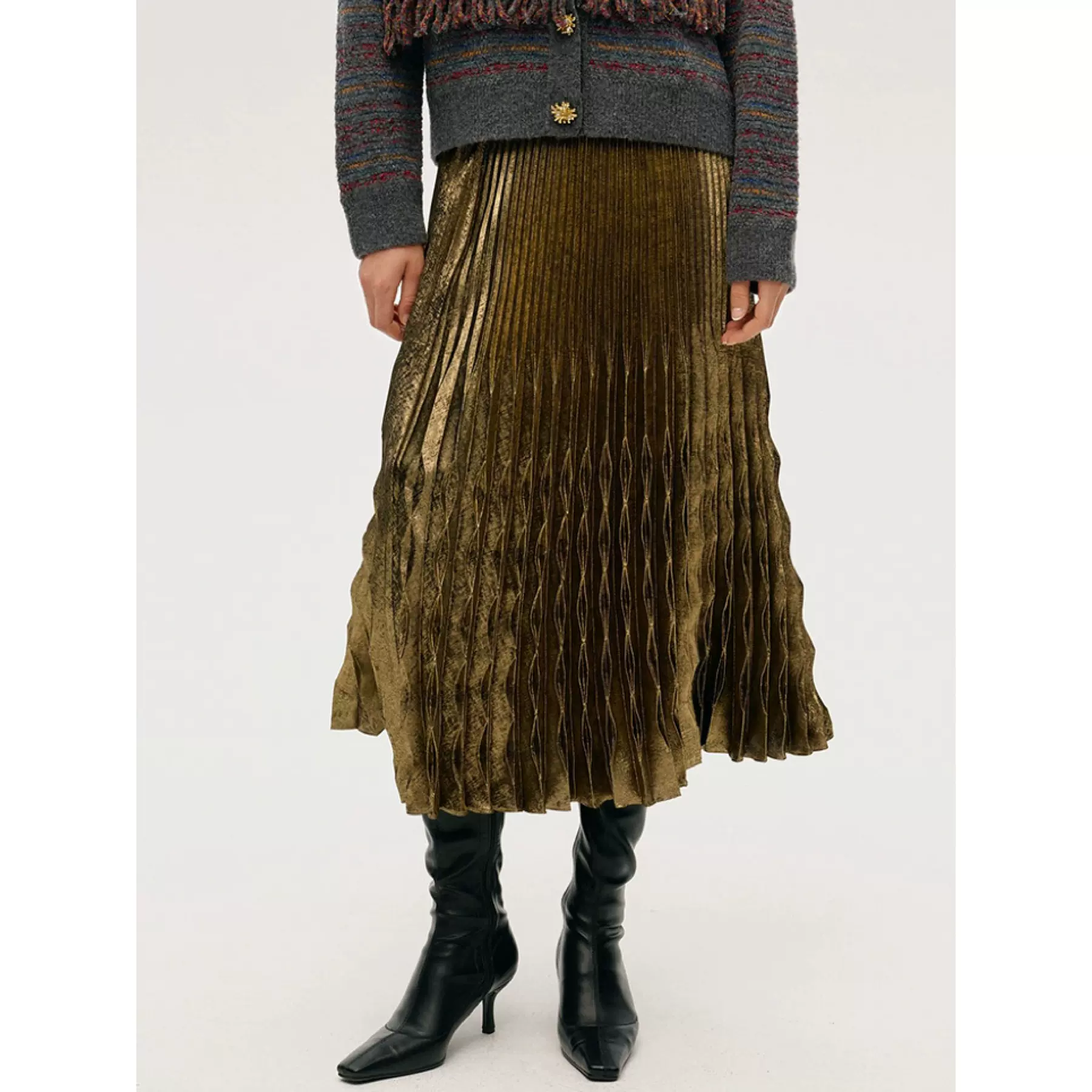 四媛 设计感气质肌理感流光百褶半身裙2026新款轻奢百搭长裙9516