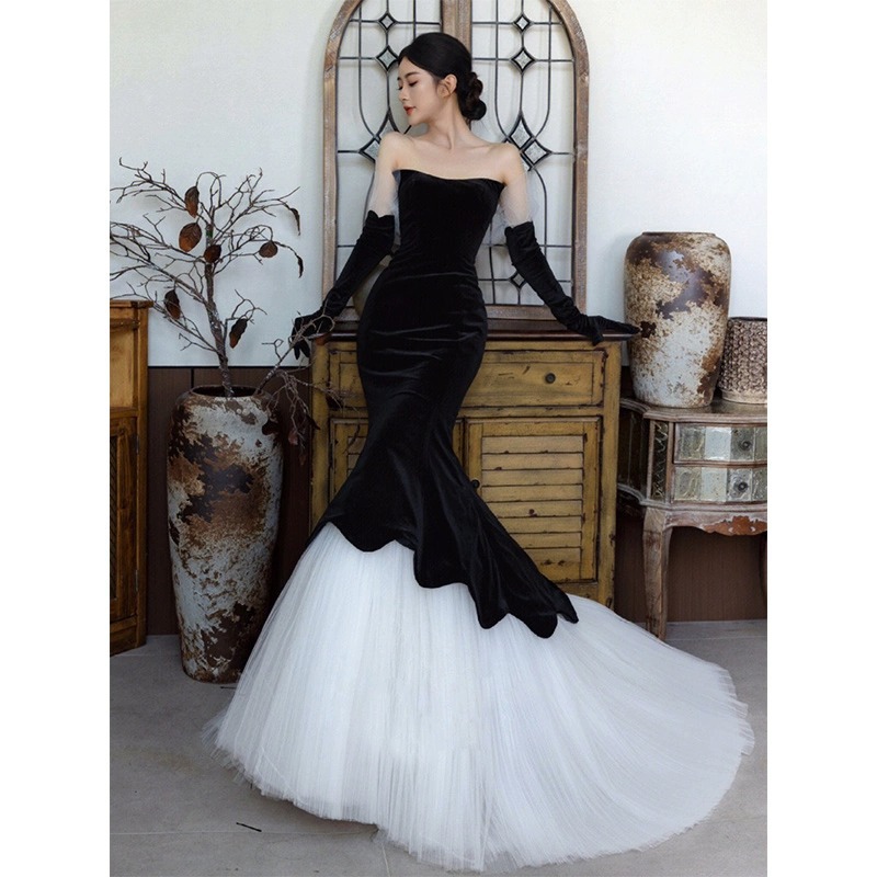Velvet Strapless Evening Dress, Black, High-End Feel, 2026 New Model, Mermaid Silhouette, Slimming, Elegant, Socialite, Light Luxury, Niche Mermaid Style