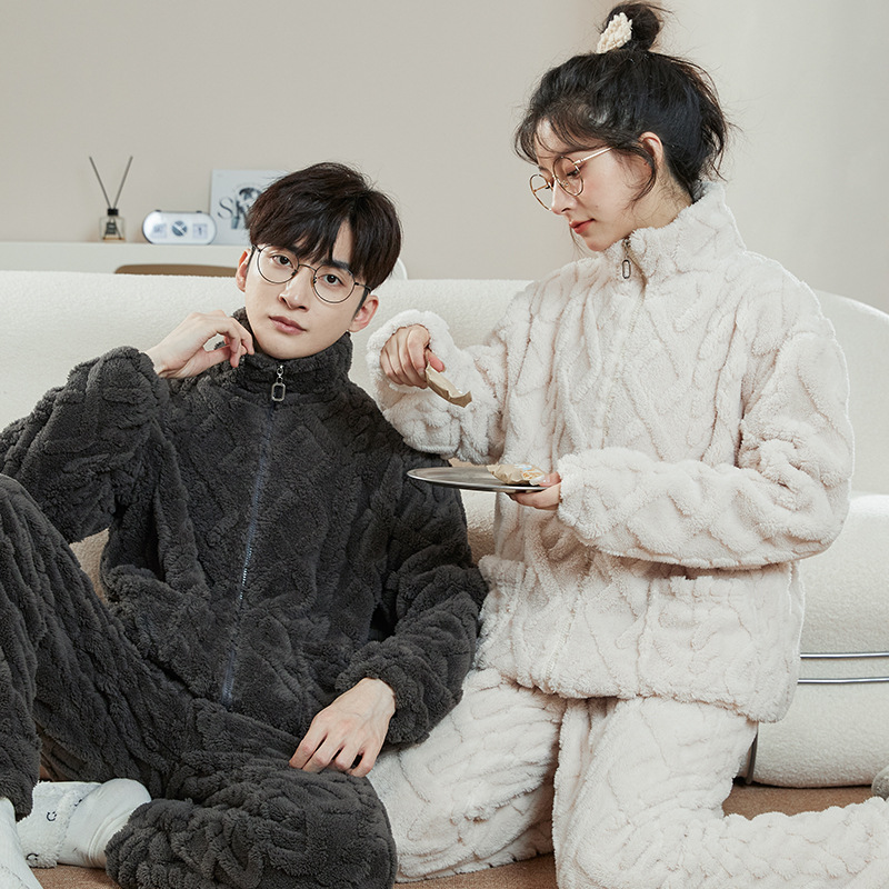 Al aire libre de las mujeres pijamas hombres Otoño e Invierno franela engrosada collar cremallera coral fleece pareja desgaste del hogar traje