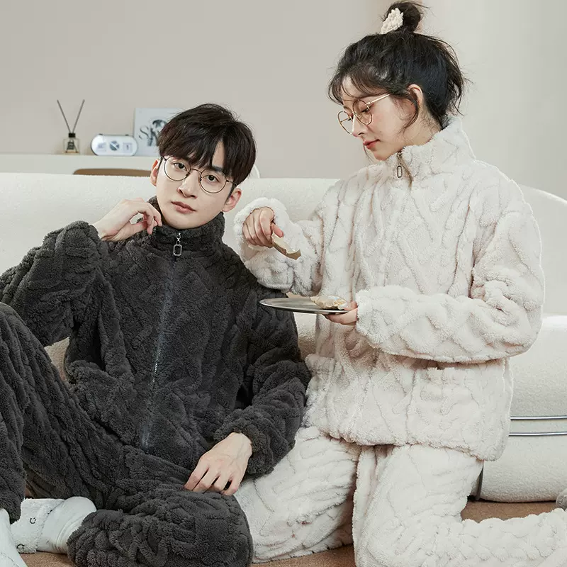 可外穿睡衣女男士秋冬季法兰绒加厚立领拉链珊瑚绒情侣家居服套装