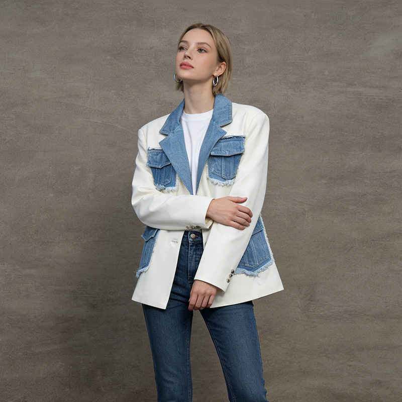 Fashionable and High-End Small Suit Jacket 2026 Summer New Style with Suit Collar and Denim Patchwork, Loose Long-Sleeve Versatile Coat for Women