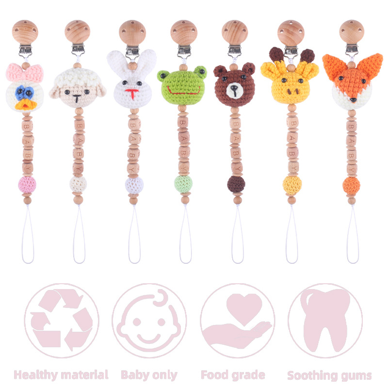 Nueva mano de lana ganchillo animal mordedor calmante bebé Super lindo animal cabeza Cadena de chupete cadena anti-gota