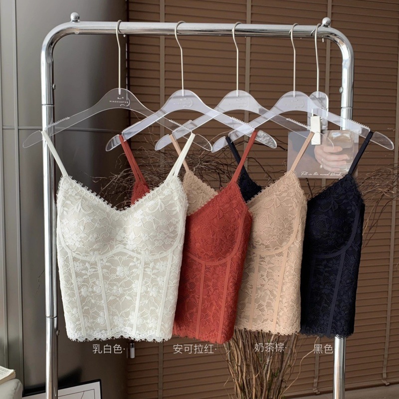 新款法式轻奢复古碎花蕾丝小吊带背心带胸垫可外穿无钢圈打底内衣