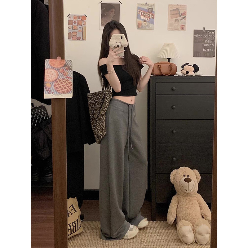 /魔西女王太空棉美式休闲卫裤设计感高腰拖地阔腿裤|undefined