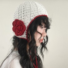 2025 早秋博主同款手工钩织花朵包头帽女时髦辣妹凹造型针织冷帽
