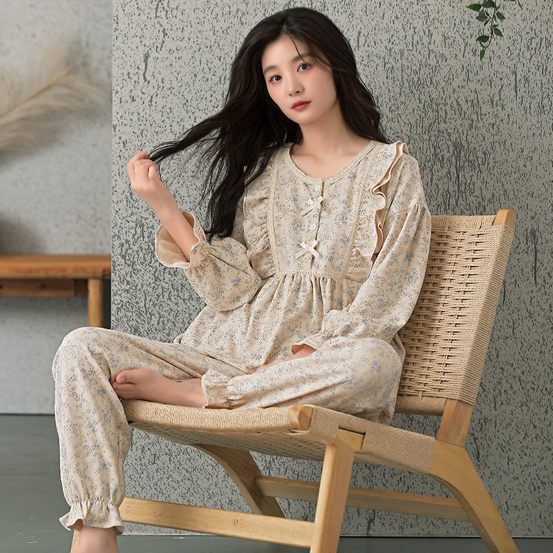 봄과 가을 새로운 격자 무늬 면 파자마 긴팔 바지 여성용 코튼 벨트 가슴 패드 겉옷 플러스 사이즈 홈 옷