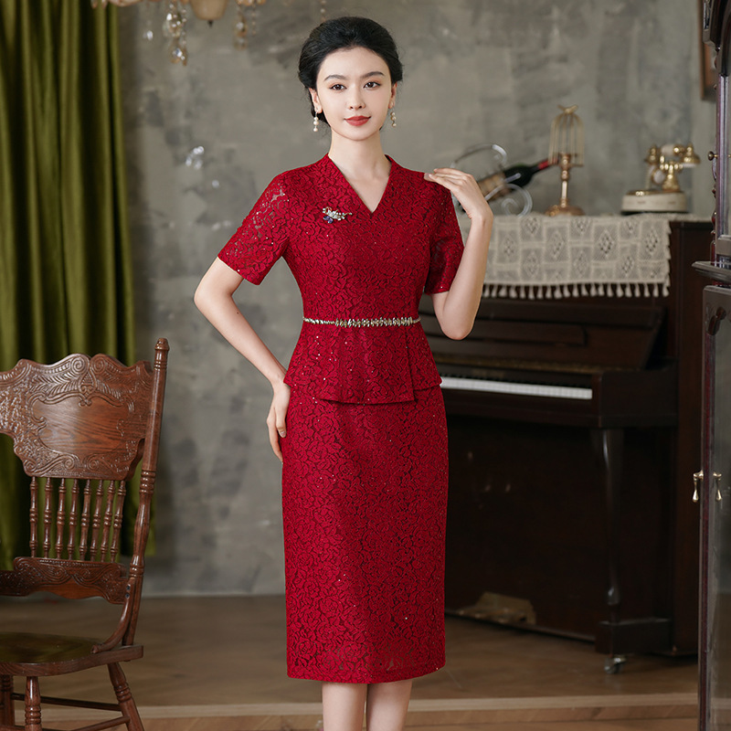 Mother's Cheongsam Wedding Banquet Dress Formal Dress Mother-In-Law Wedding Dress Lace Petite Women's Dress