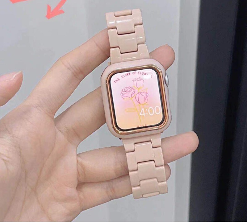Suitable for Apple iWatch New Milk Tea Color Resin Protective Case Set, Universal for Watches 1-7, Fashionable