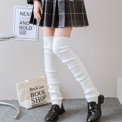 Autumn and winter women's solid color knitted pile socks woolen leg boots boot covers Japanese trendy over-the-knee college style JK calf socks