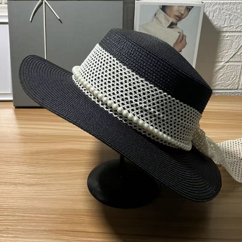Korean Style Lace Ribbon Pearl Chain Fashion Flat-Top Hat for Women Summer Casual Sunshade Straw Hat Sun Protection Sun Hat Trendy