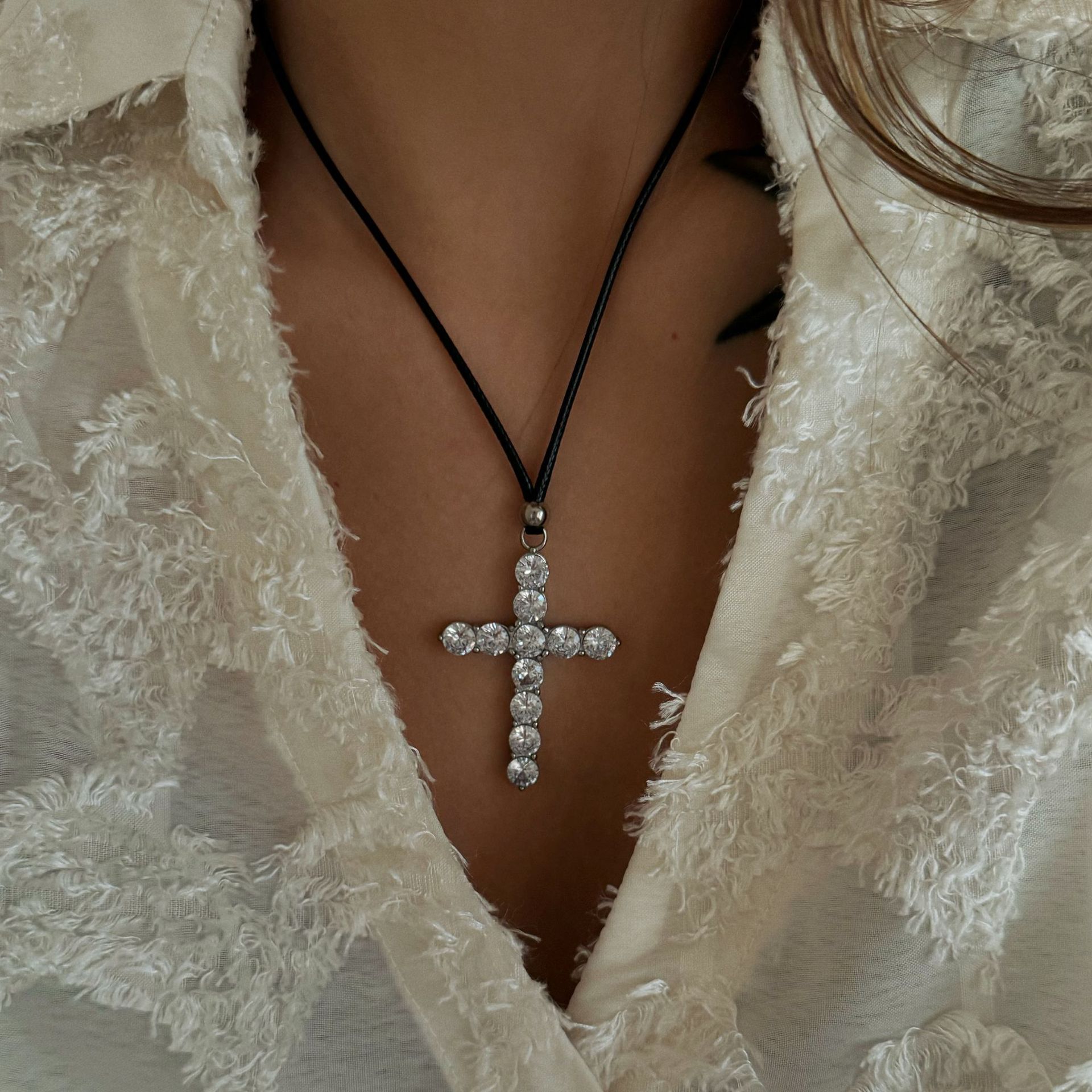 304 Stainless Steel, Leather rope, Titanium Steel Material Leather Rope Titanium Steel Retro Cross Plating Inlay Zircon Pendant Necklace