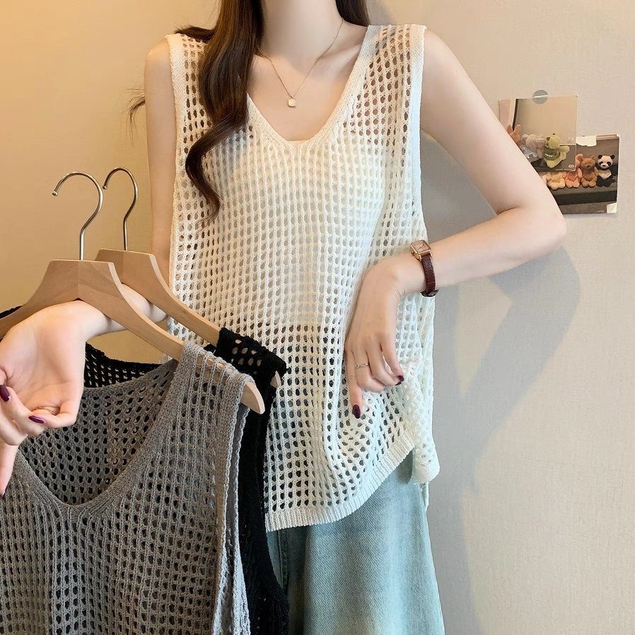 French-Style V-Neck Hollow-Out Camisole for Women, 2026 New Summer Loose Fit, Body-Covering Pullover Korean-Style Blouse Top Ins