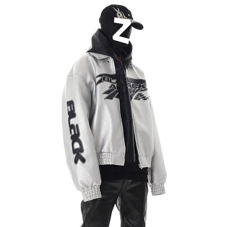 高街短款夹克男秋秋季2025新款小众廓形机车皮衣外套上衣银色黑色