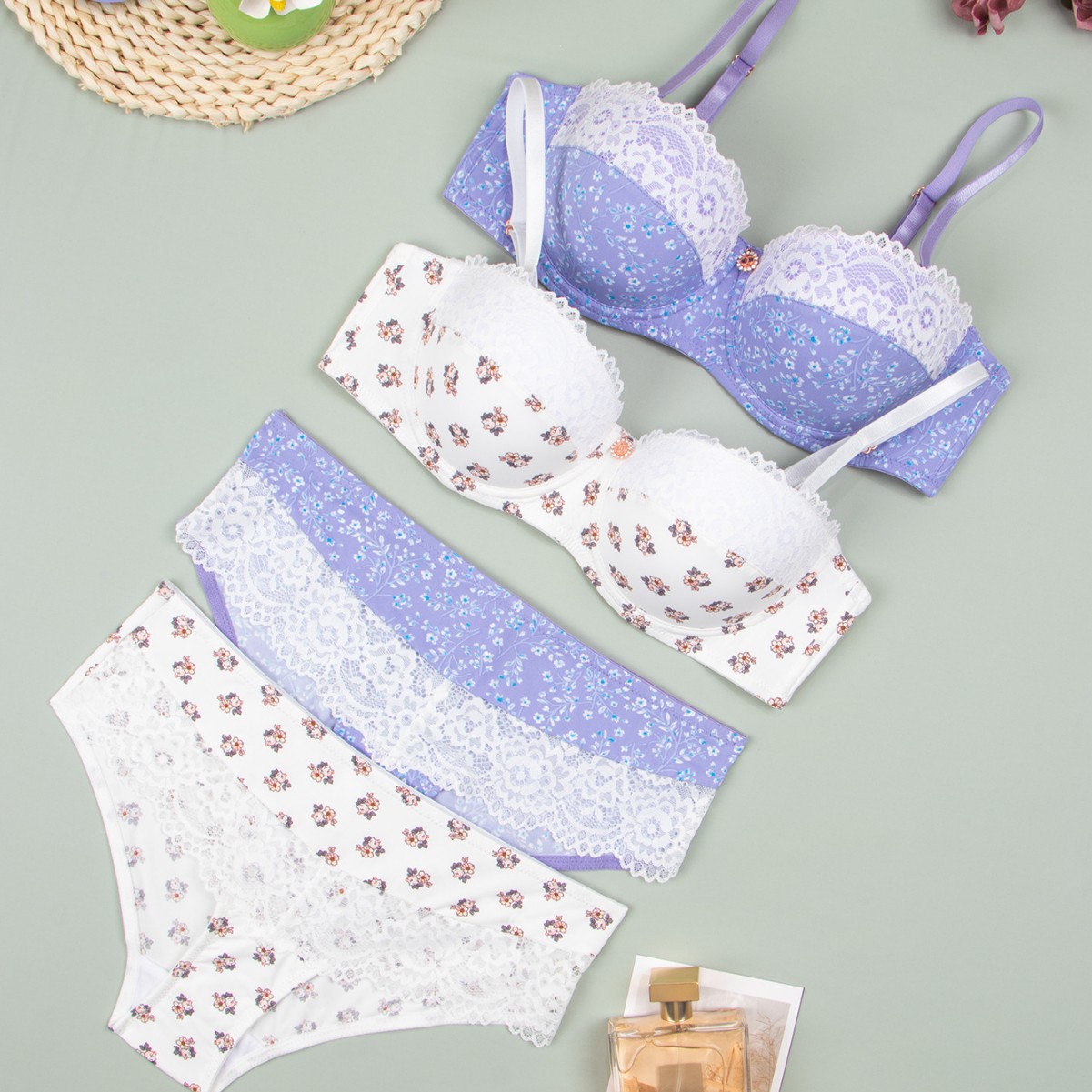 Europa y América comercio exterior ropa interior de encaje sexy, impresión de nylon transpirable, secado rápido, pecho pequeño, conjunto de sujetadores de damas.