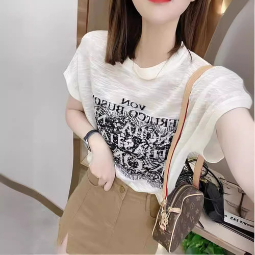 Summer New Letter Print Short Sleeve T-shirt for Women, Thin Design Fitted, Unisex Stylish, Loose and Casual Round Neck Top