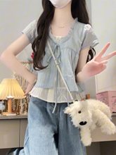 蓝色假两件短袖衬衫女夏季2025新款设计感花边v领超好看上衣