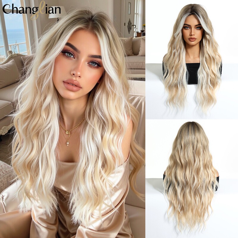 Platinum Blonde Highlights, Big Wavy Long Curly Hair, Natural Fluffy Wig with Bangs, Full Head Wig for Women, Cross-Border Platinum Blonde Highlights, Big Wavy Long Curly Hair, Natural Fluffy Wig with Bangs, Full Head Wig for Women, Cross-Border
