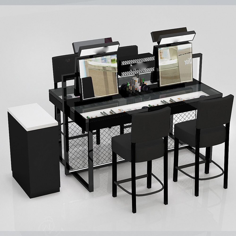 广州厂家化妆品店中岛化妆体验台带抽屉口红指甲油木质展示柜台