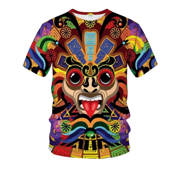Mexican Aztec Totem Retro T-Shirt, Men's Short Sleeve 3D Printed Summer T-Shirt,