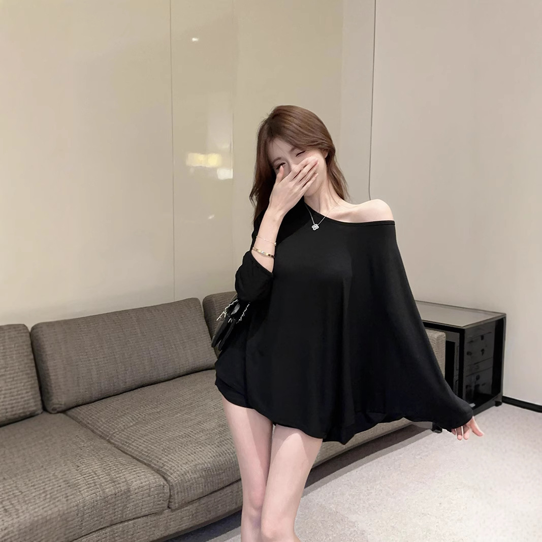 블랙 오프숄더 긴팔 자외선 차단 티셔츠 여성 여름 캐주얼 얇은 박쥐소매 루즈핏 블라우스 원라인 넥라인