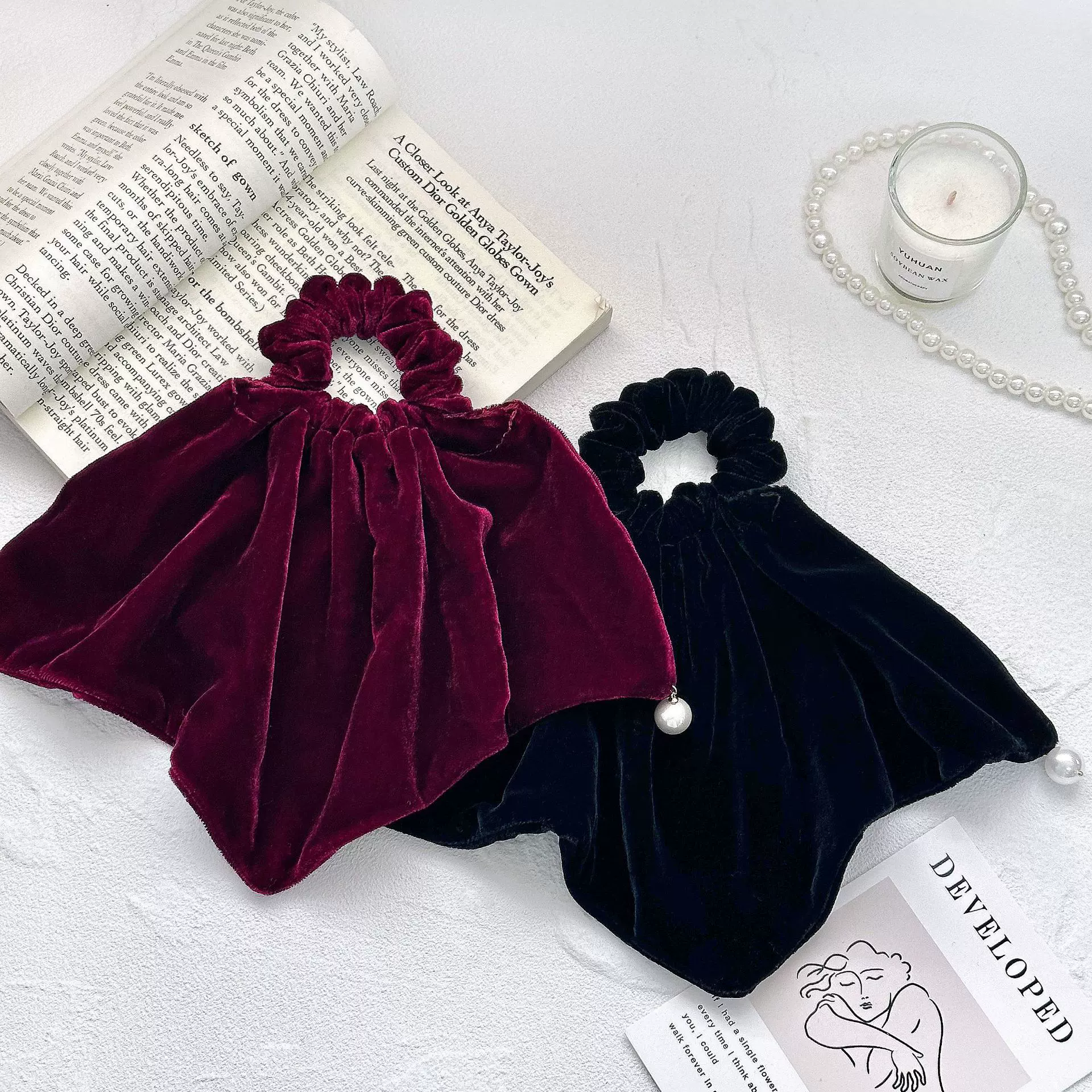 2025新款丝绒裙摆发圈手缝珍珠高级感优雅气质马尾发绳秋冬百搭女