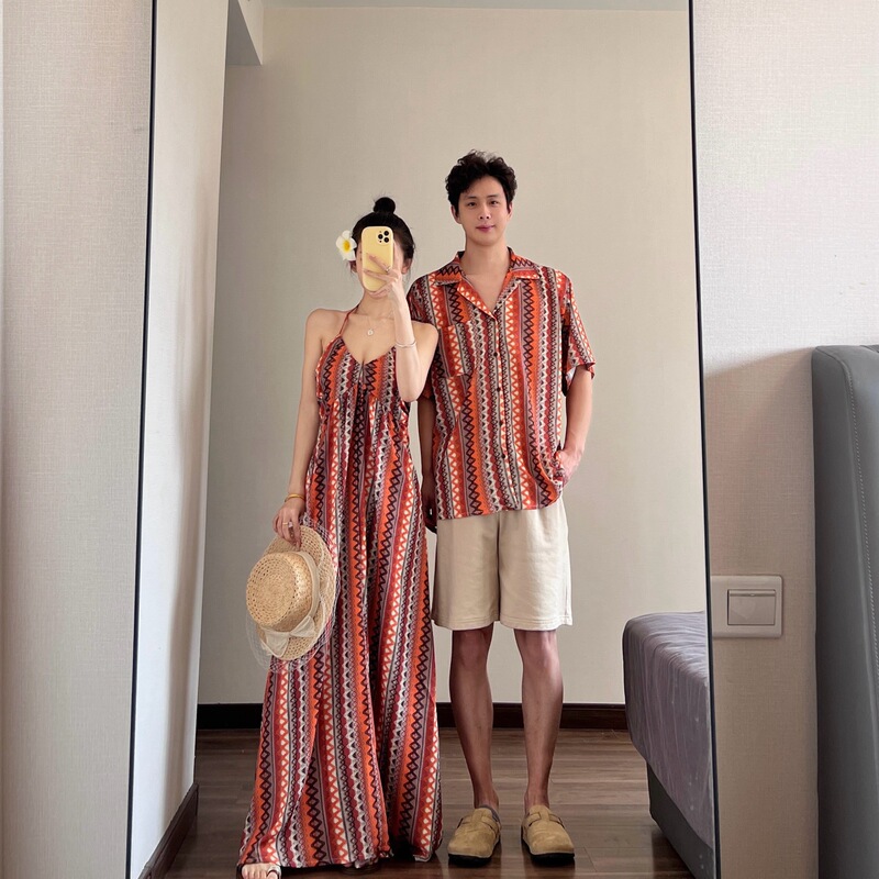 Bali Couple Outfits 2026 Summer Printed One-Piece Dress and One-Piece Top with Suspenders, Seaside Vacation Style Beach Dress and Shirt Bali Couple Outfits 2026 Summer Printed One-Piece Dress and One-Piece Top with Suspenders, Seaside Vacation Style Beach Dress and Shirt