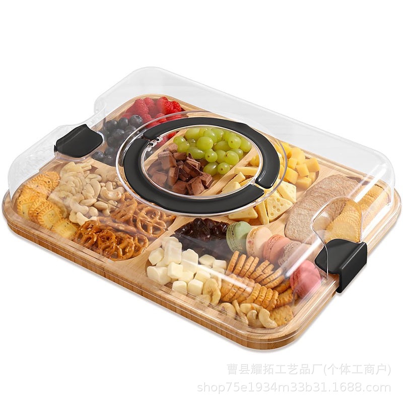 木质带盖熟食板水果零食点心分格托盘野餐旅行可手提木制点心托盘
