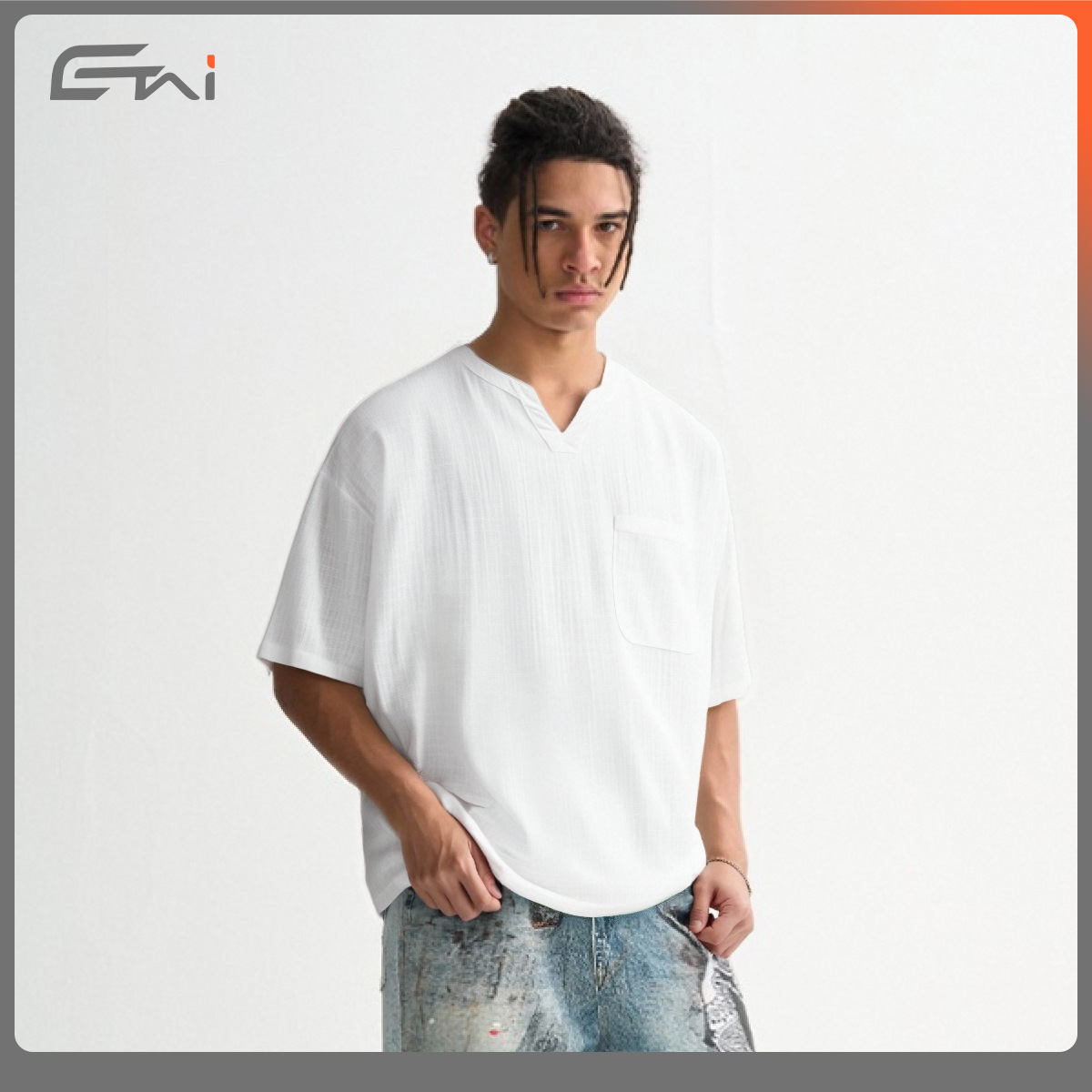 ETAI Hombre| Marca de moda suelta transpirable de media manga de color sólido de cuello en V de manga corta de alta calidad camiseta de hombre de algodón casual de manga corta