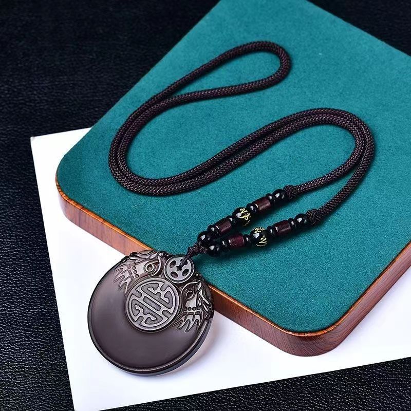 Manufacturer Wholesale Natural Ice Obsidian Pendant for Men and Women, Couple Model, Double Dragon Household Pendant Necklace Rope
