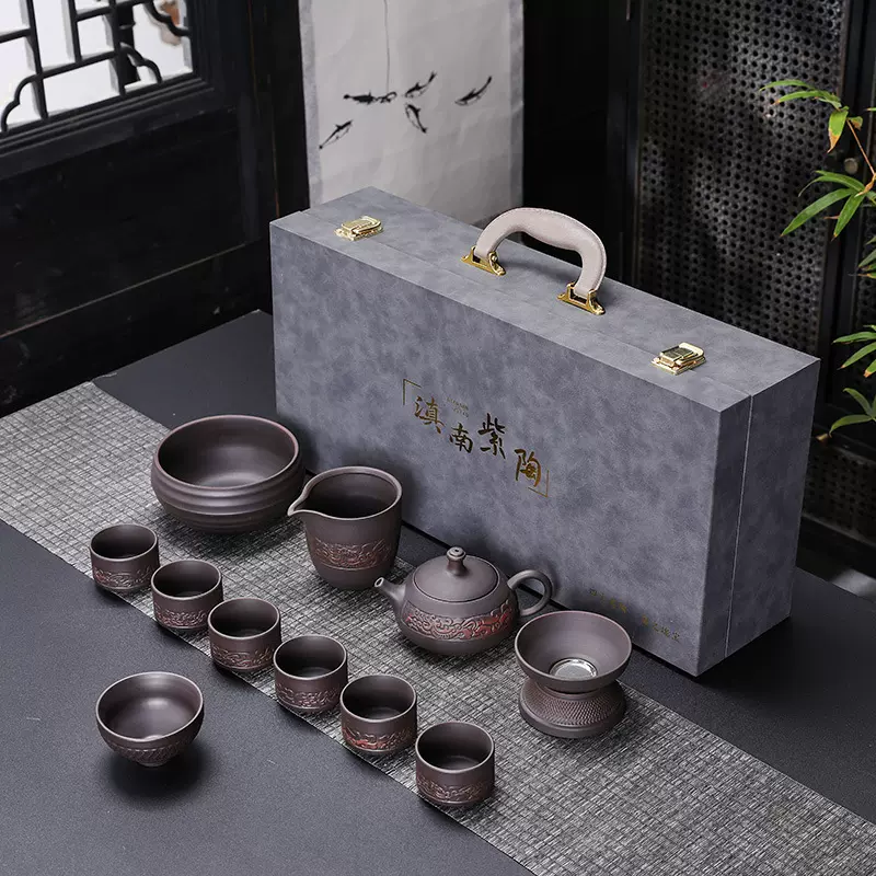 云南建水紫陶茶具套装纯手工功夫跳刀茶壶复古茶杯整套高档礼盒装